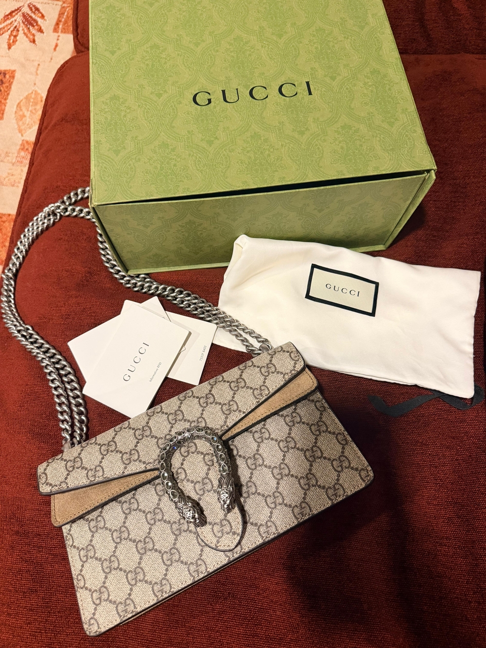 Gucci Beige GG Supreme Dionysus Chain Shoulder Bag with Silver Hardware